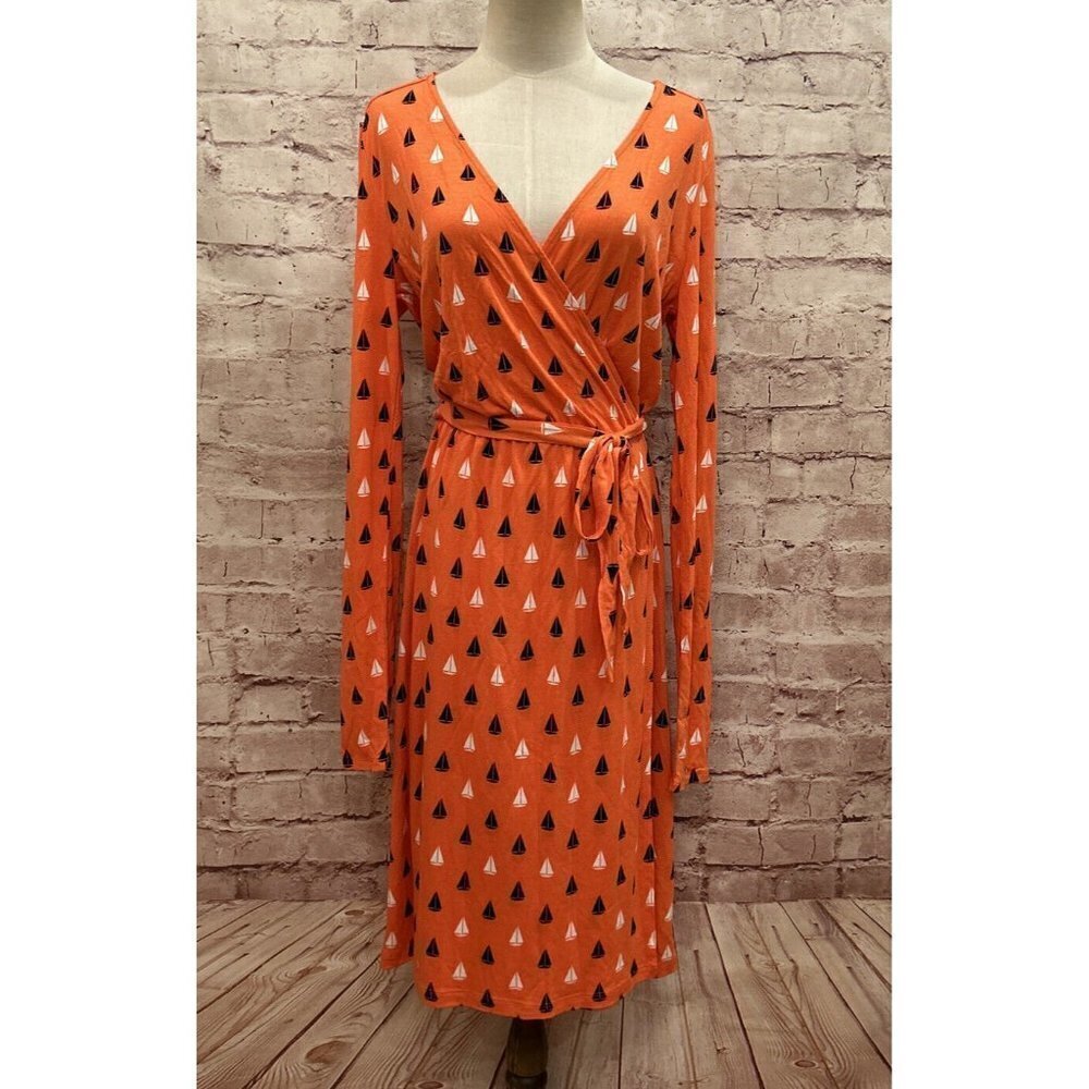 Old Navy Womens M Tall Coral Orange SAILBOAT Boat Faux Wrap Dress Long Sleeve